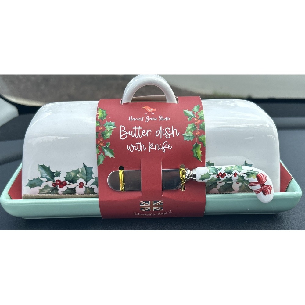 Christmas Holly Butter Dish With Knife Harvest Green Studio Designed In England